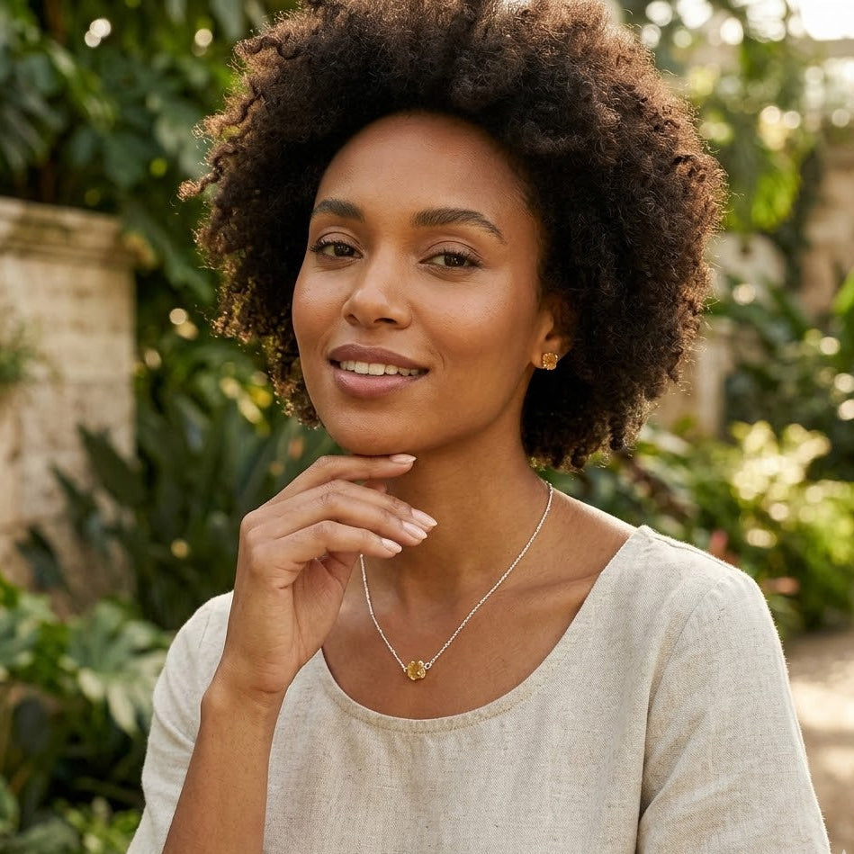 Woman wearing a necklace with Citrine Sets in 925 Silver