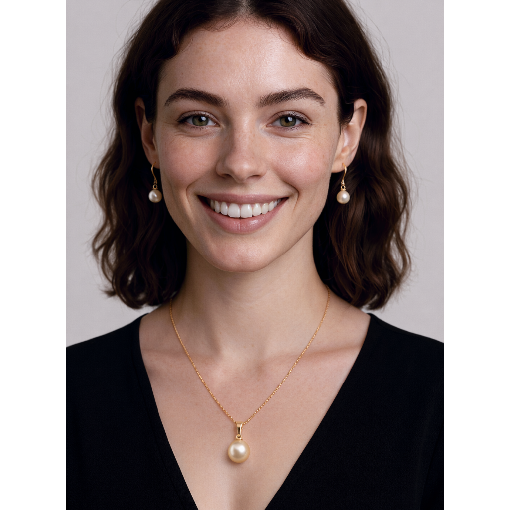 Woman wearing a gold necklace with a pearl pendant against a neutral background