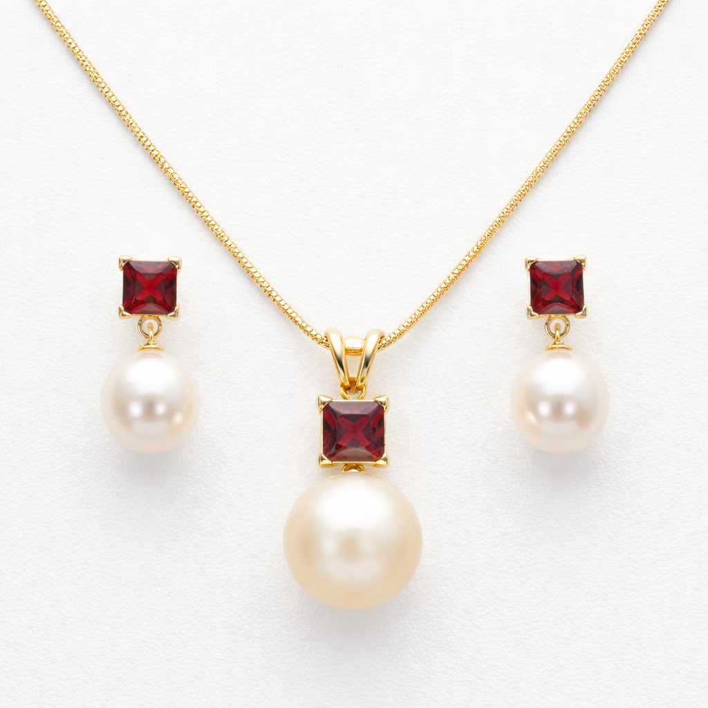 Golden South Sea Pearl with Pink Tourmaline Stone Lithgow Set 8.5 - 9.5 MM