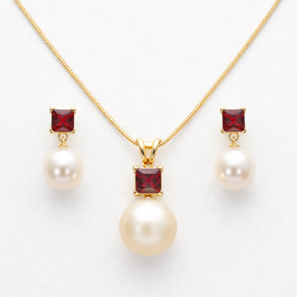 Golden South Sea Pearl with Pink Tourmaline Stone Lithgow Set 9.5 - 10.5 MM