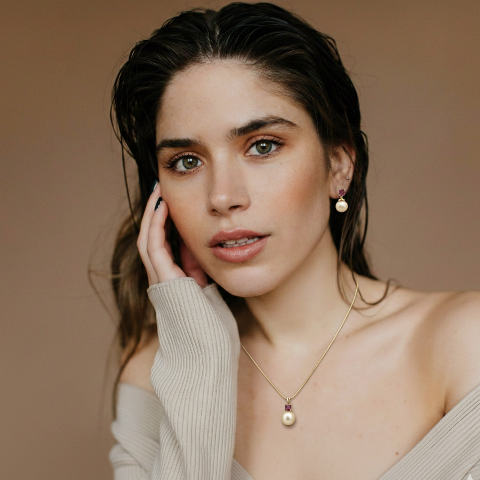 Golden South Sea Pearl with Pink Tourmaline Stone Lithgow Set 9.5 - 10.5 MM