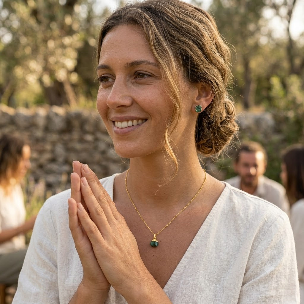 Woman in a white outfit with hands clasped, surrounded by people outdoors.