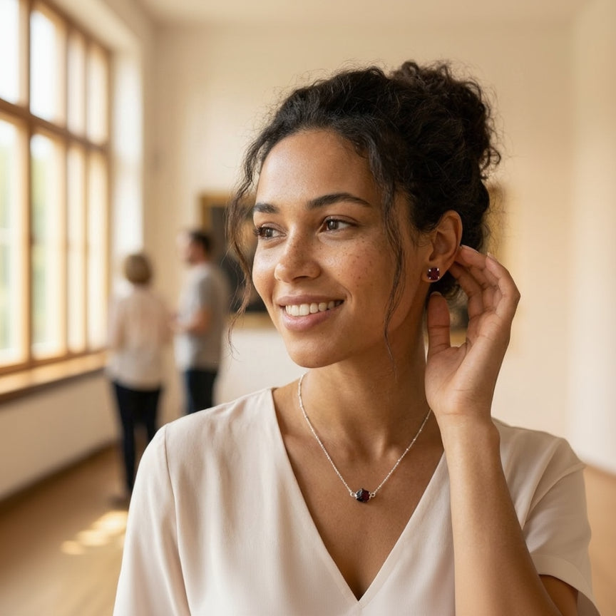 Woman adjusting an earring indoors with a blurred background
