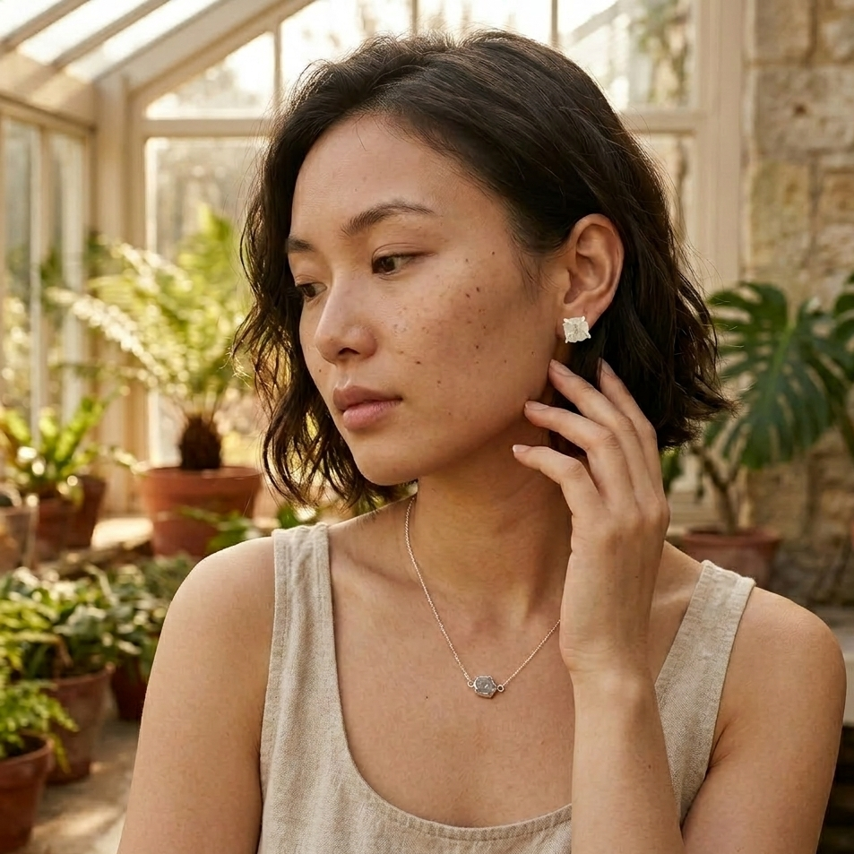 Woman adjusting earring in a greenhouse setting
