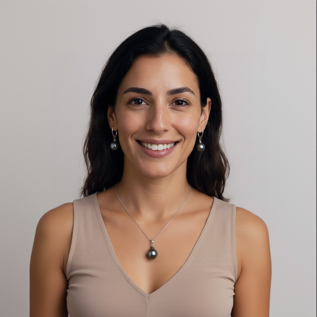 Woman wearing a necklace and earrings against a plain background