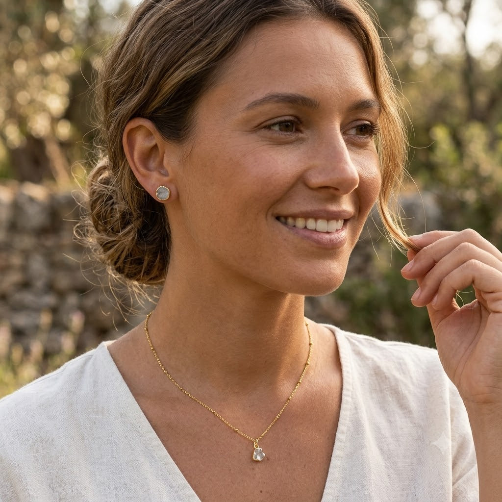 Woman wearing a gold necklace with a pendant outdoors