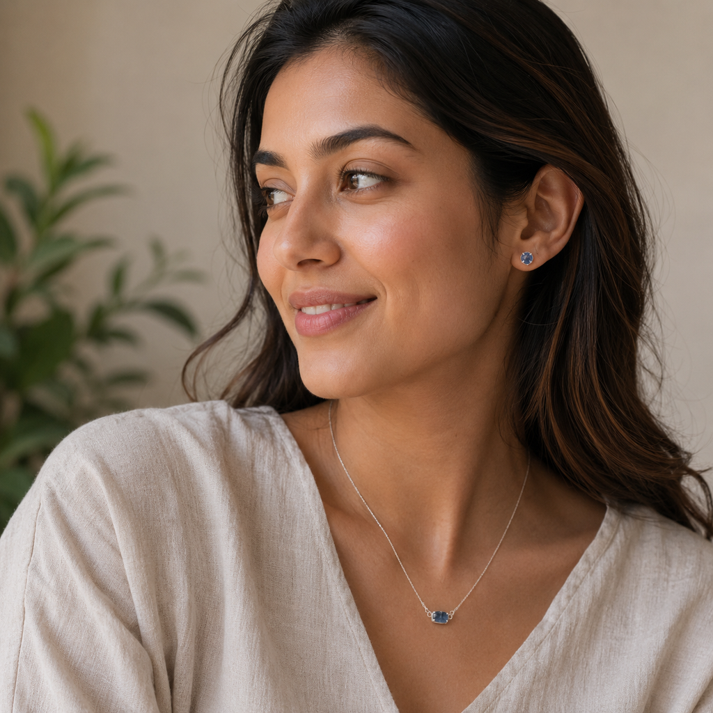 Woman wearing a necklace and earrings with a blurred plant background