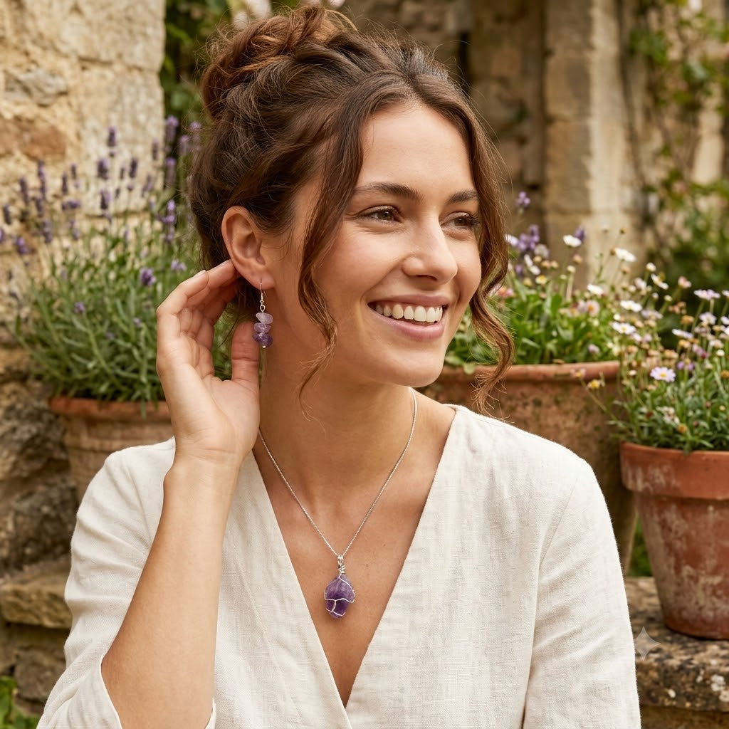 Woman wearing a necklace with a purple pendant in a garden setting