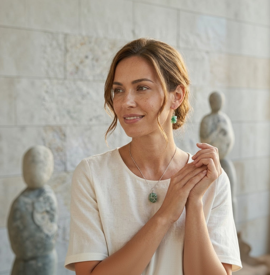 Woman wearing a necklace with a green pendant in a serene setting