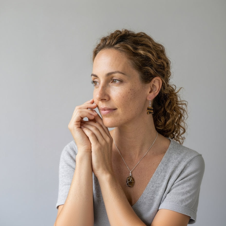 Woman wearing a necklace and earrings against a gray background