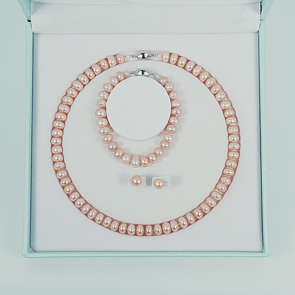Pink Freshwater Pearl Sets 8-9 mm in 925 Silver