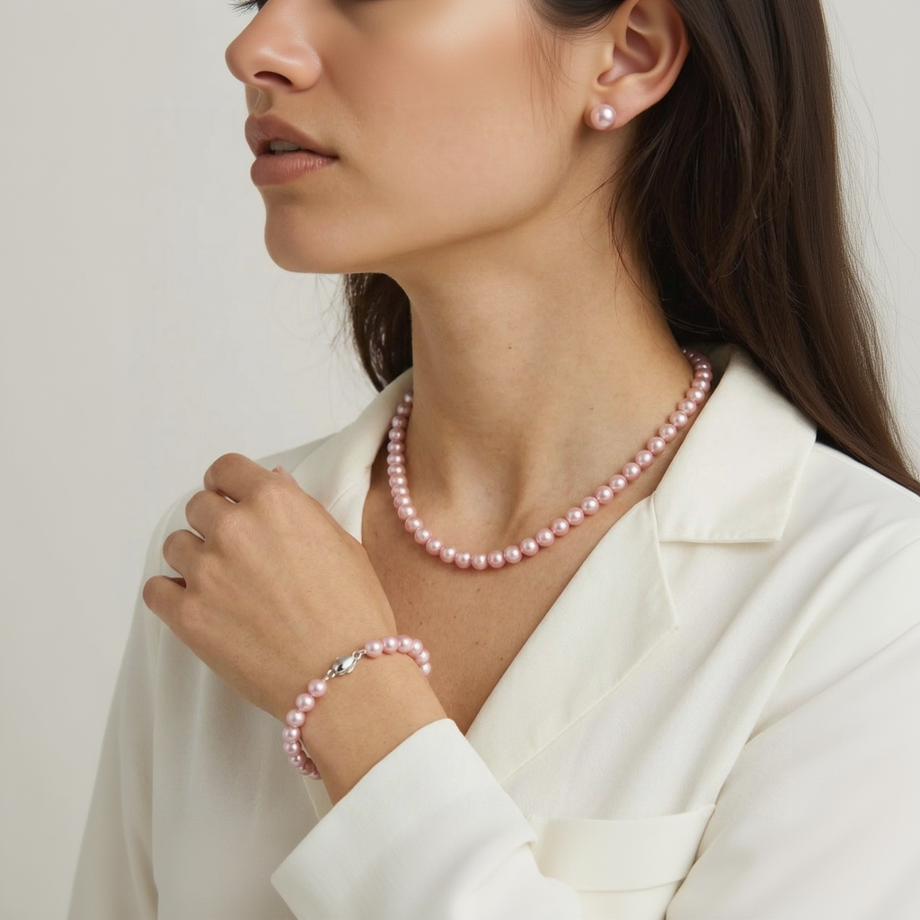 Woman wearing a pink pearl necklace and bracelet against a white background