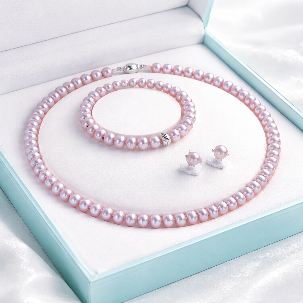 Pearl necklace, bracelet, and earrings set in a light blue jewelry box.