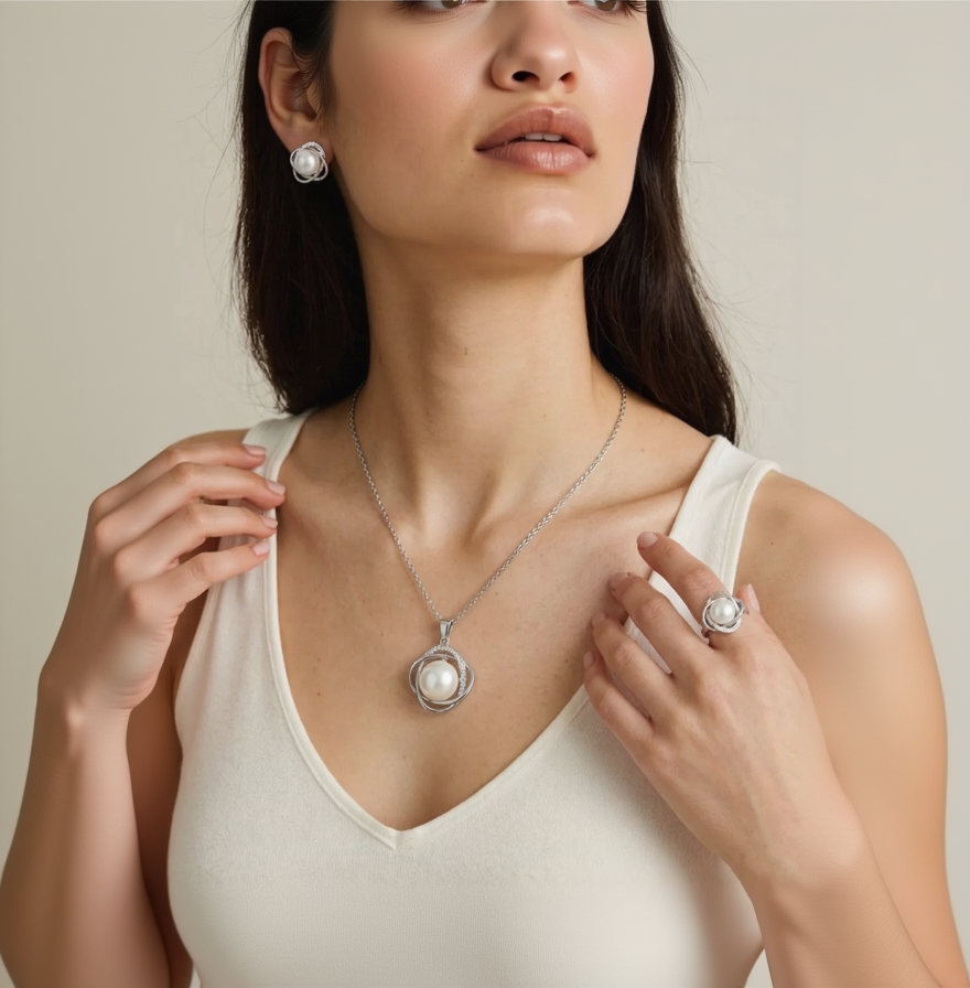 Woman wearing a necklace with a pearl pendant, earrings, and ring on a neutral background