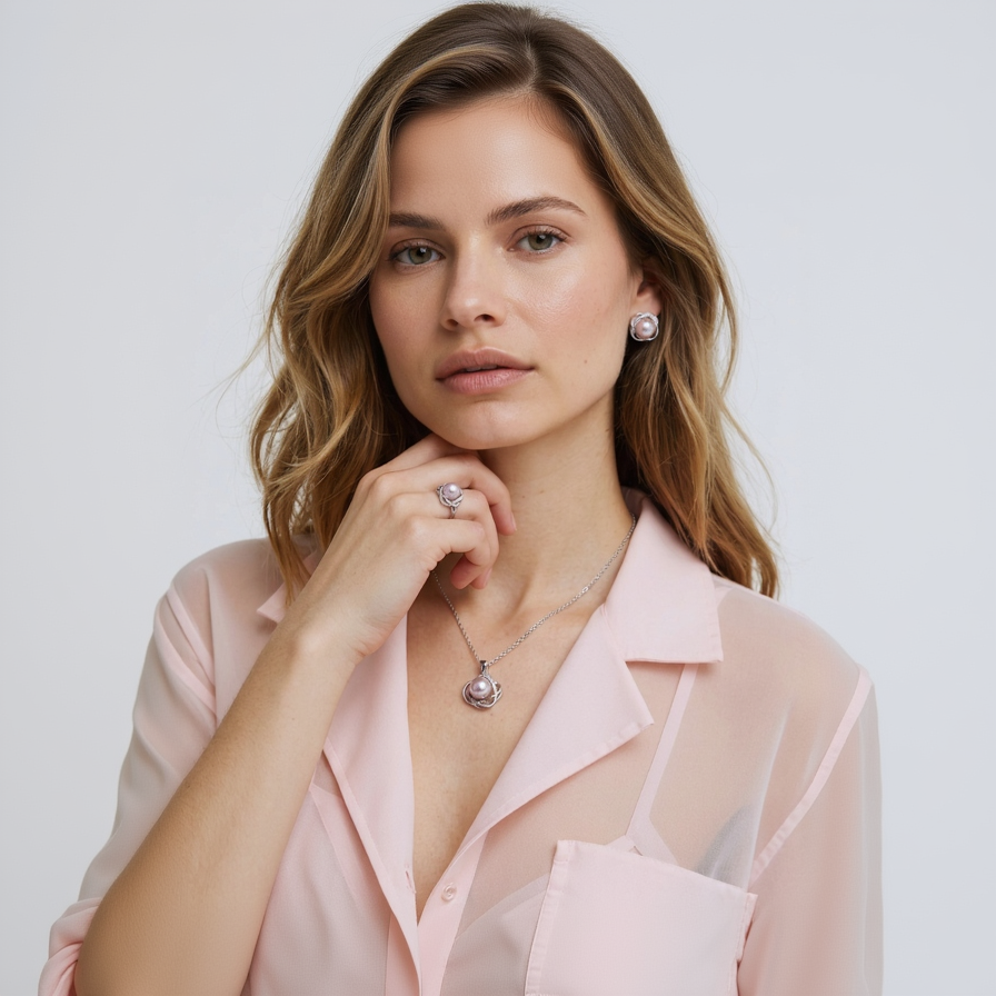 Woman wearing a pearl necklace and earrings against a white background