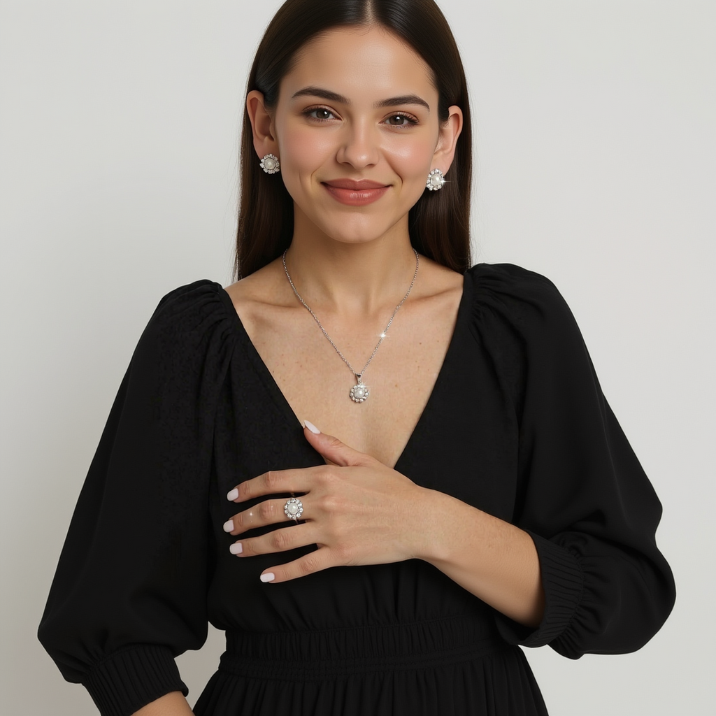 Woman wearing a diamond necklace, ring, and earrings on a plain background