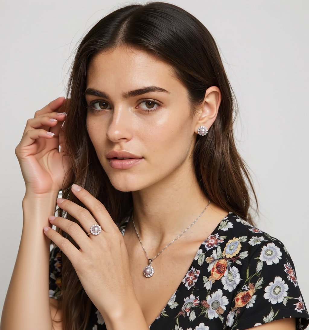 Woman wearing a necklace and earrings with a neutral background