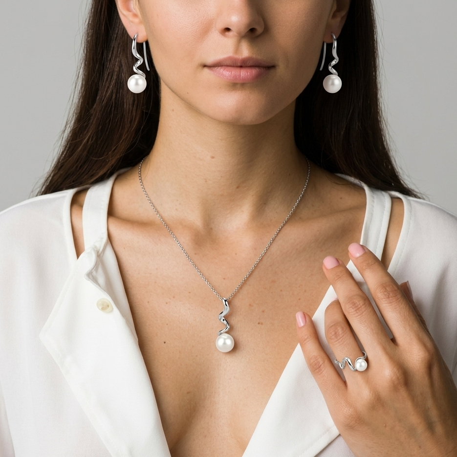 Woman wearing a necklace, earrings, and ring with pearl accents on a neutral background