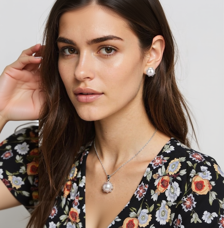 Close-up of a woman wearing pearl earrings and necklace against a neutral background