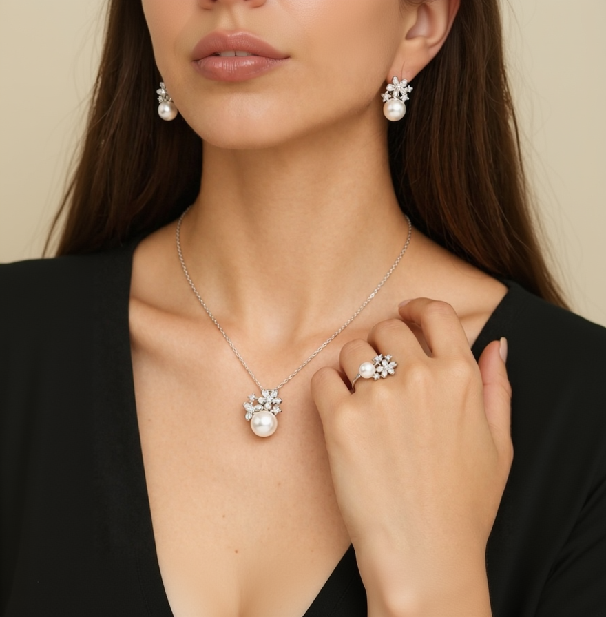 Pearl necklace and earrings on a model with a black background
