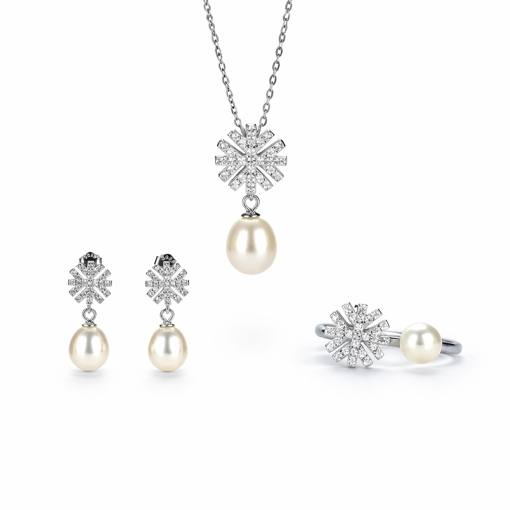 Pearl and diamond jewelry set including necklace, earrings, and ring on a white background