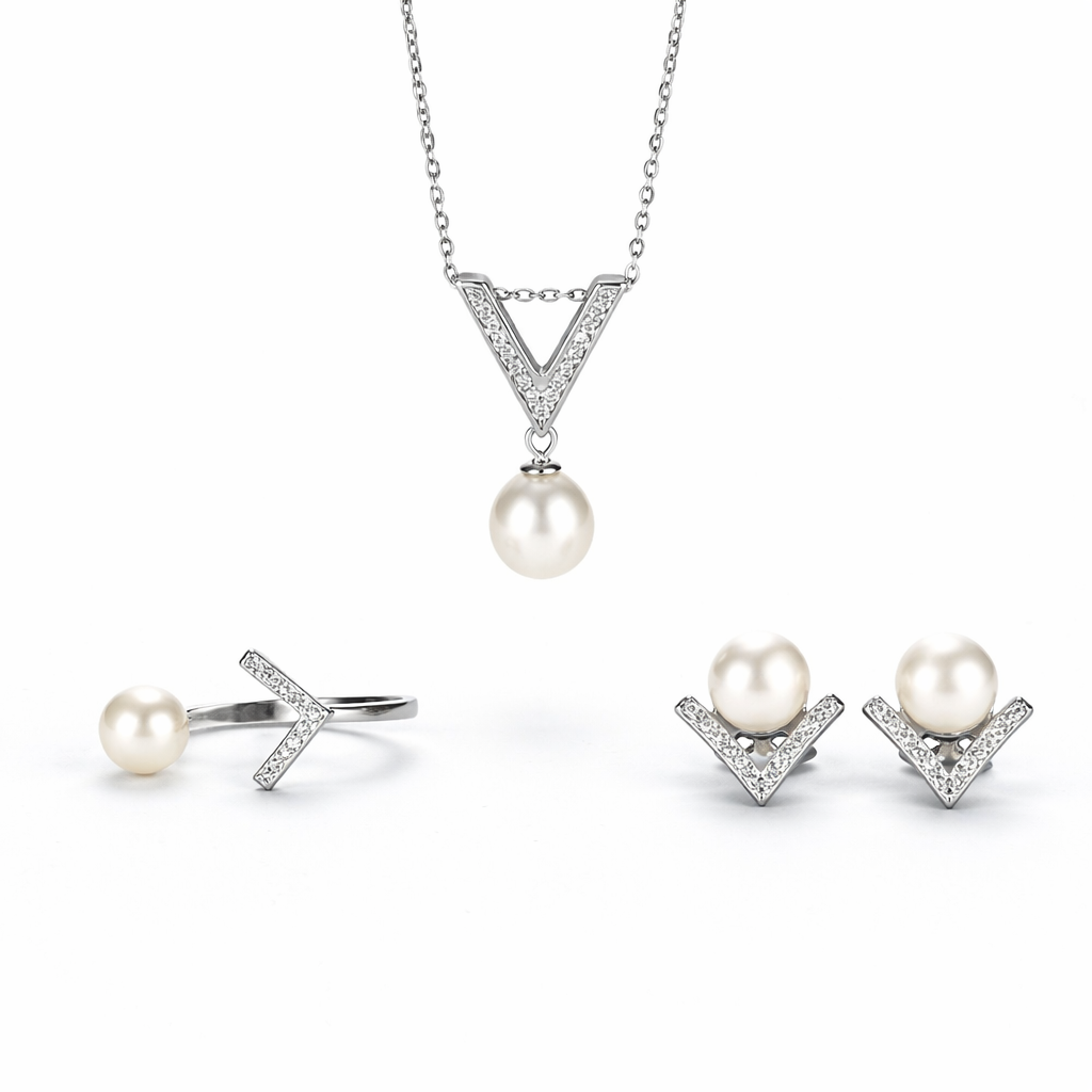 Pearl jewelry set with necklace, earrings, and ring on a white background