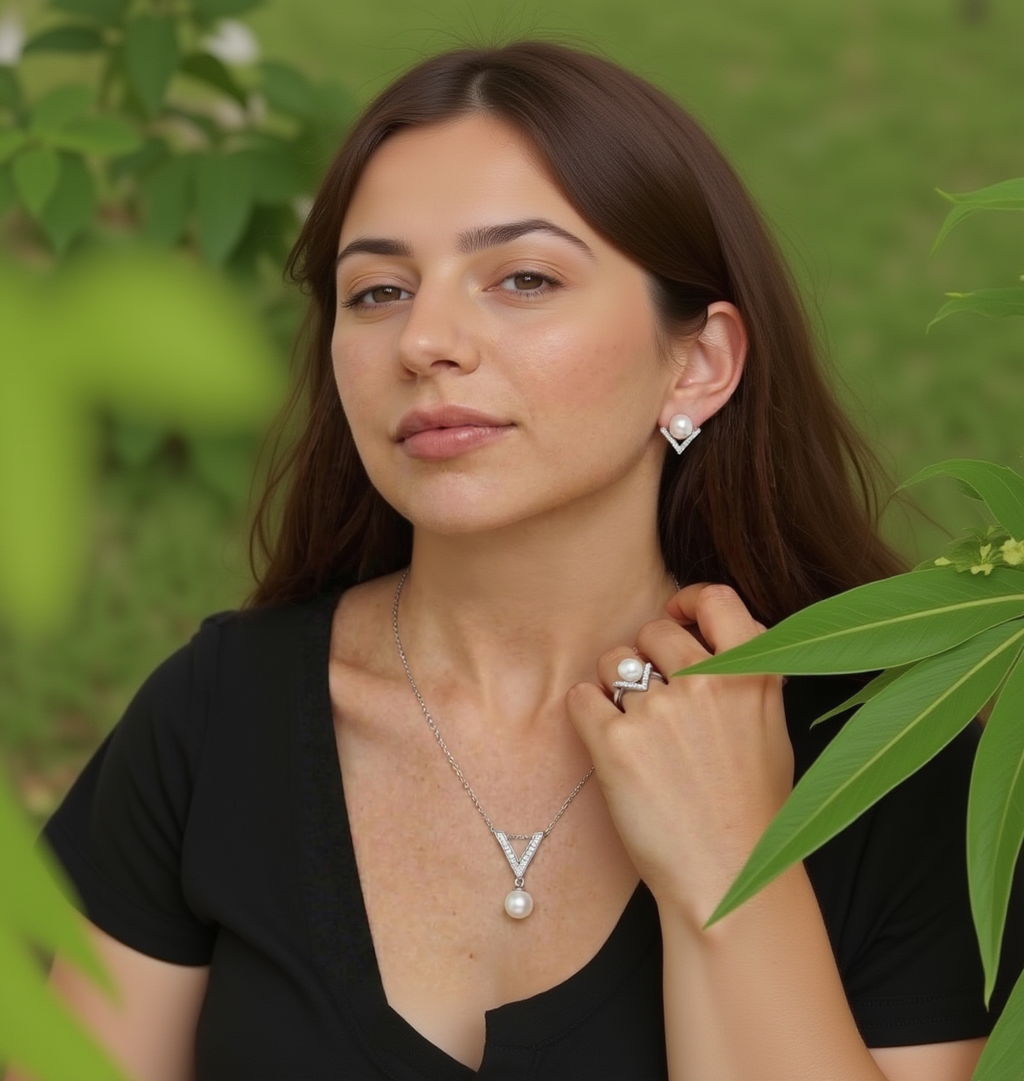 Pearl necklace and earrings on a model against a dark background