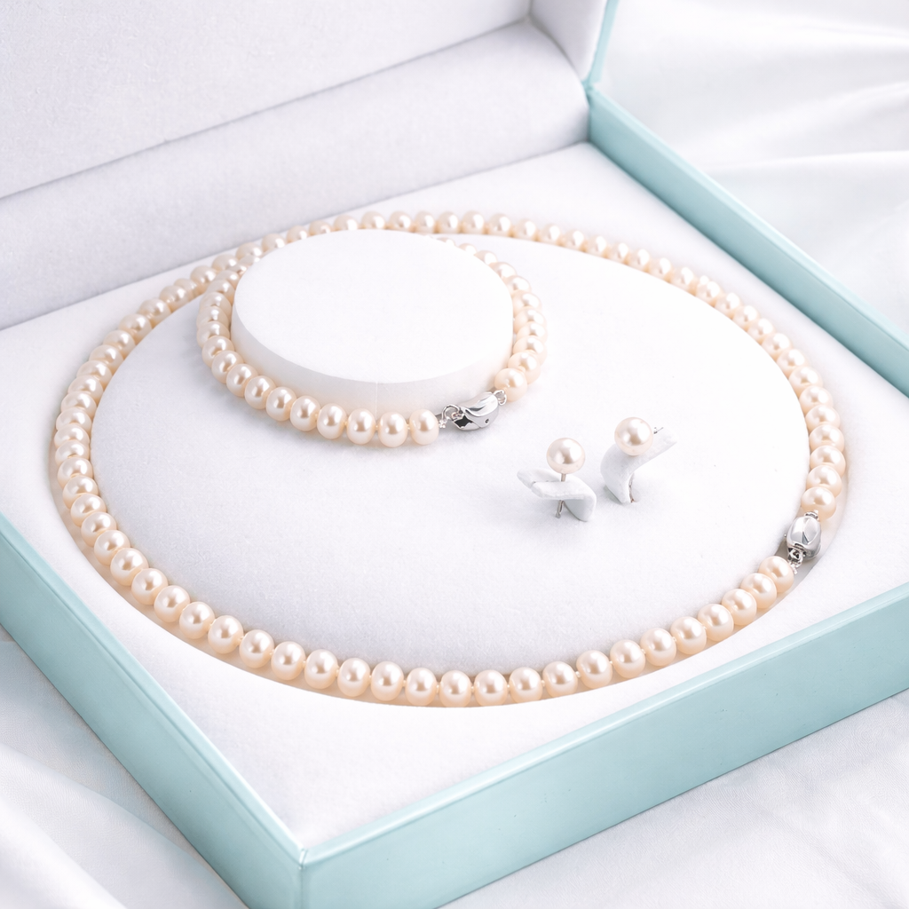 Pearl necklace and earrings set in a heart-shaped box