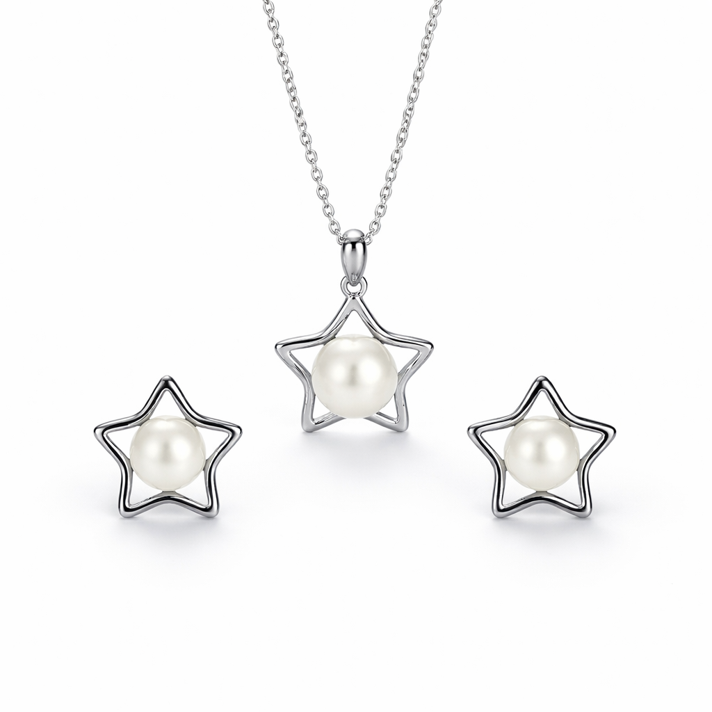 Star-shaped jewelry set with pearls on a white background