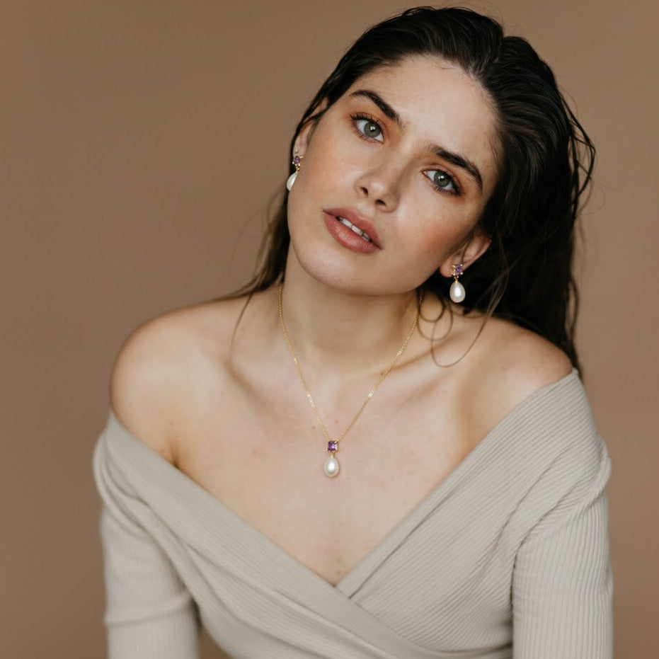 Freshwater Pearl with Amethyst Sets 9 - 9.5 MM in Silver 925 24 CT Gold Plated