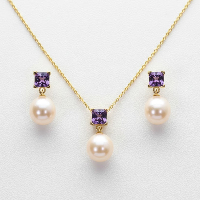 Freshwater Pearl with Amethyst Sets 9 - 9.5 MM in Silver 925 24 CT Gold Plated.