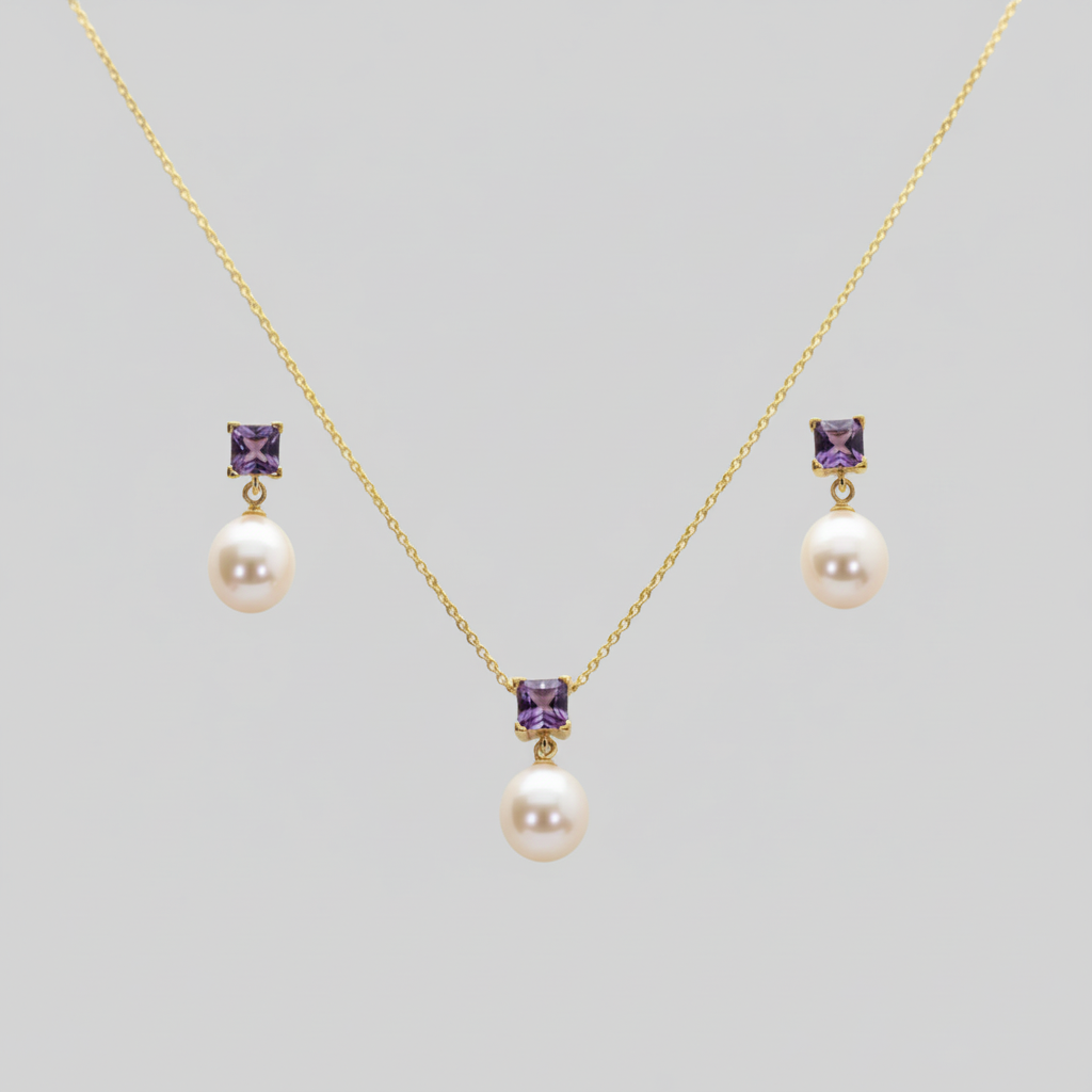 Freshwater Pearl with Amethyst Sets 9 - 9.5 MM in Silver 925 24 CT Gold Plated
