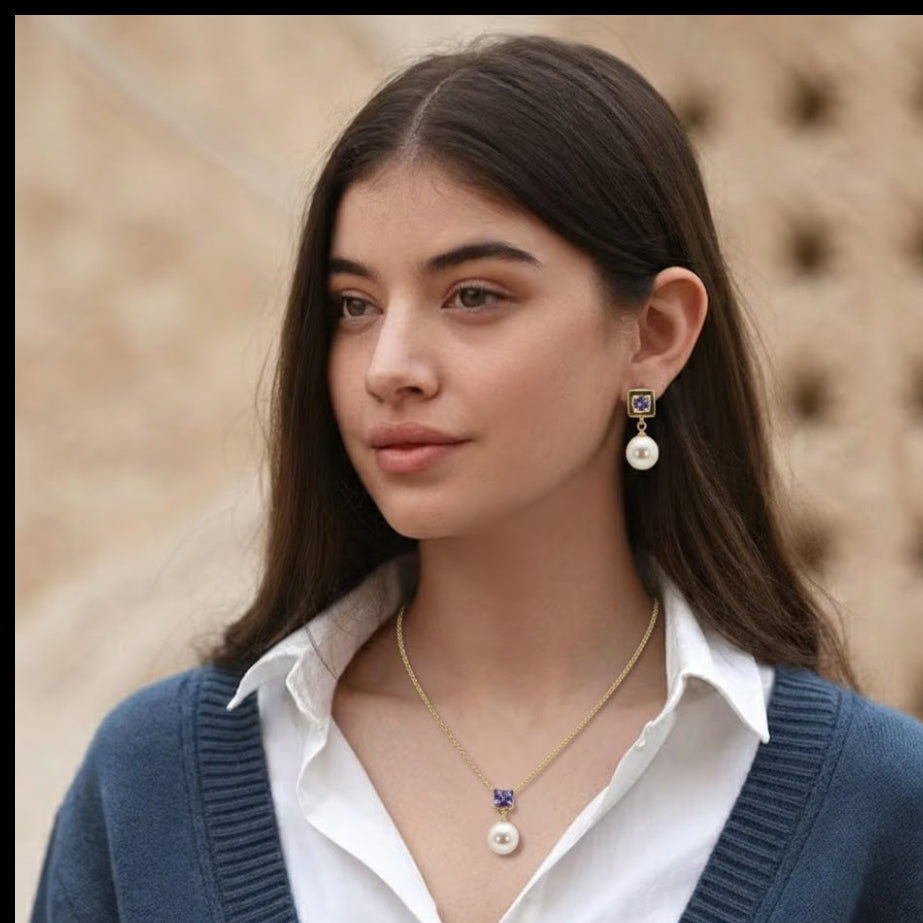 Freshwater Pearl with Amethyst Sets 9 - 9.5 MM in Silver 925 24 CT Gold Plated