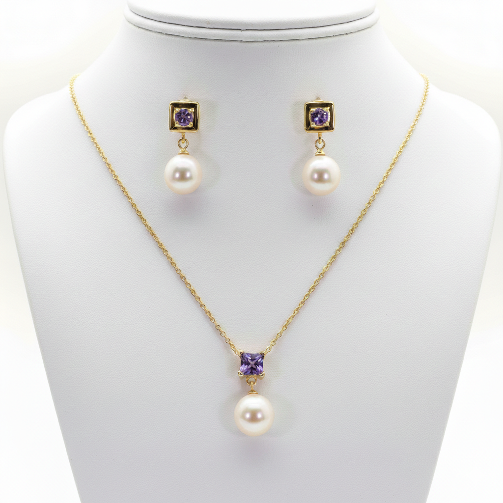 Freshwater Pearl with Amethyst Sets 9 - 9.5 MM in Silver 925 24 CT Gold Plated