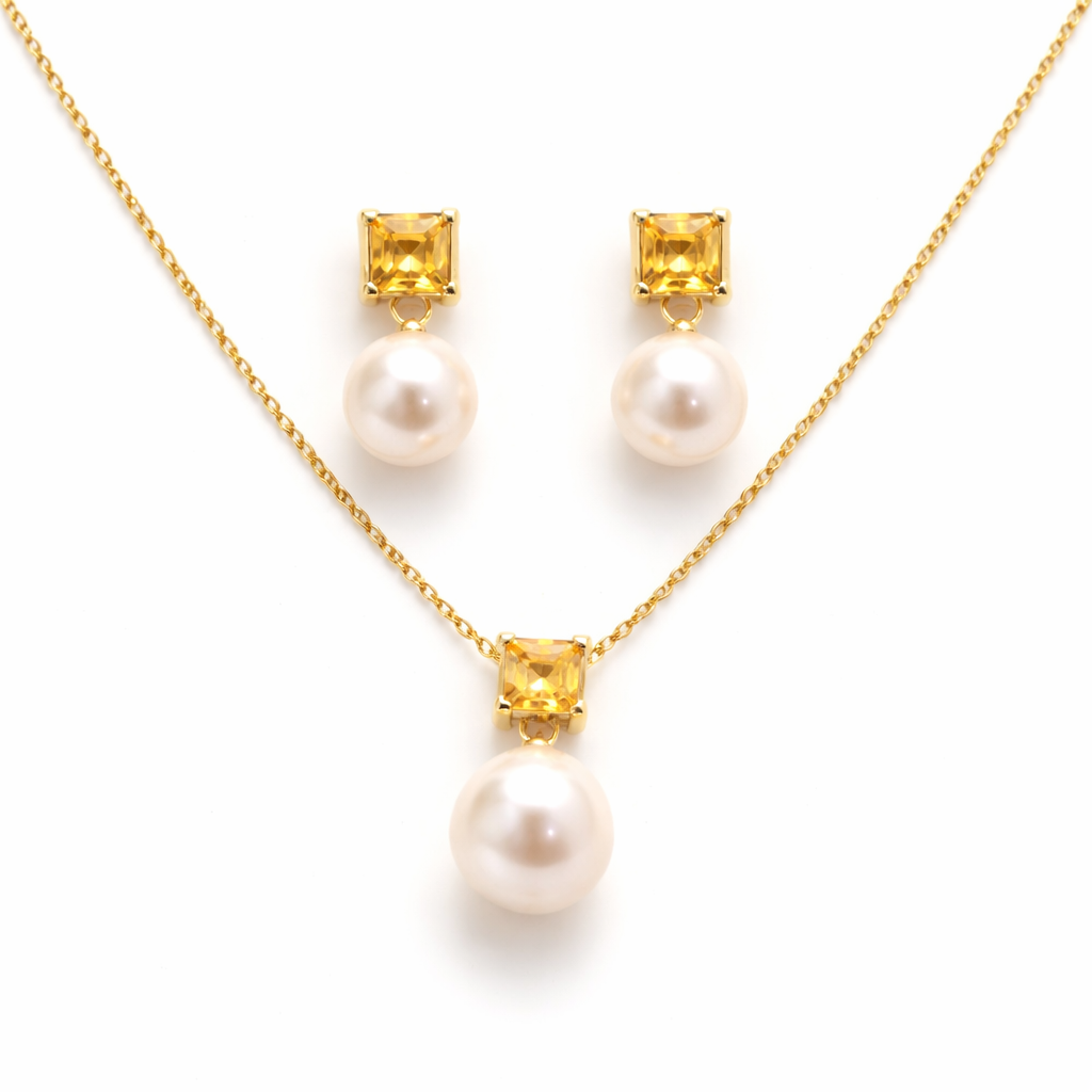 Freshwater Pearl with Citrine Sets 9 - 9.5 MM in Silver 925 24 CT Gold Plated