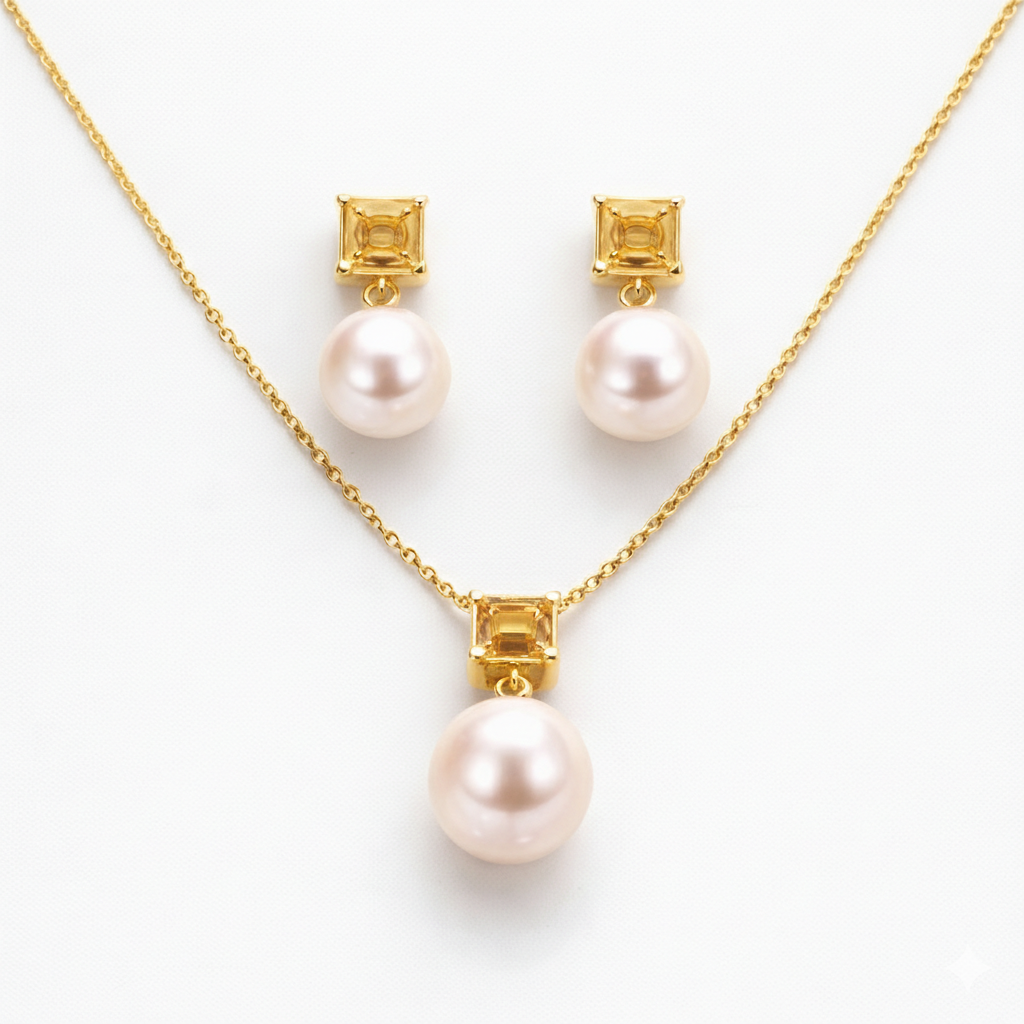 Freshwater Pearl with Citrine Sets 9 - 9.5 MM in Silver 925 24 CT Gold Plated
