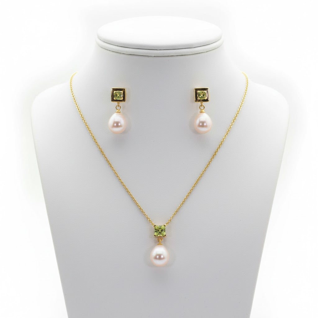 Freshwater Pearl with Peridot Sets 9 - 9.5 MM in Silver 925 24 CT Gold Plated