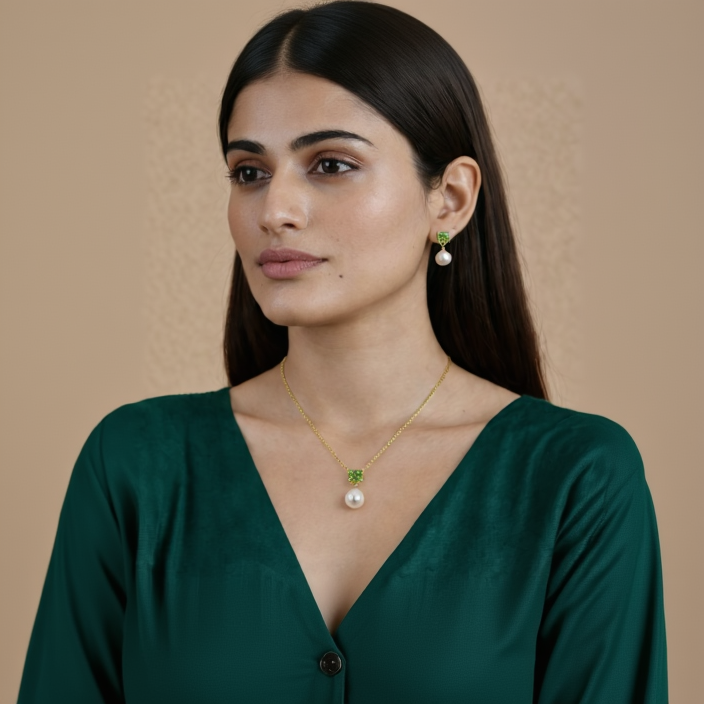 Woman wearing a gold necklace with a pearl pendant and matching earrings against a beige background