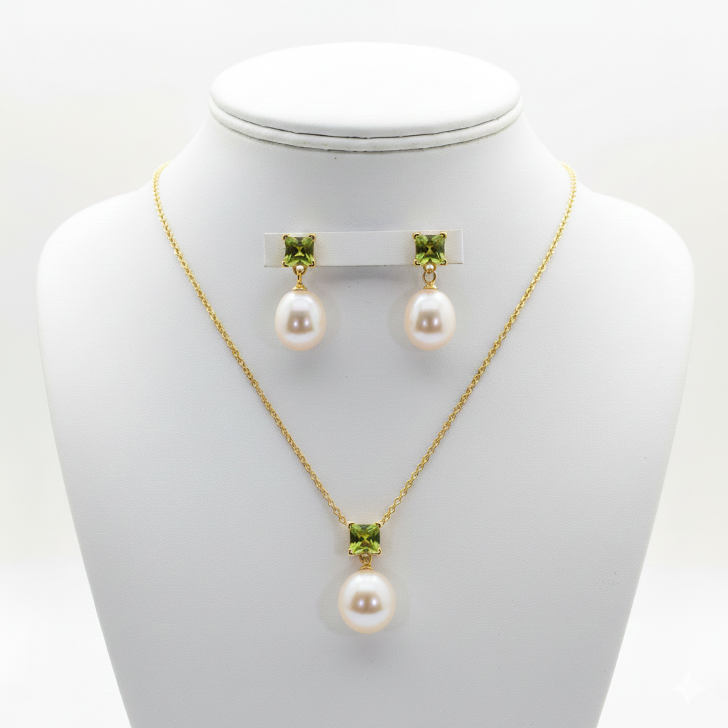 Freshwater Pearl with Peridot Sets 9 - 9.5 MM in Silver 925 24 CT Gold Plated