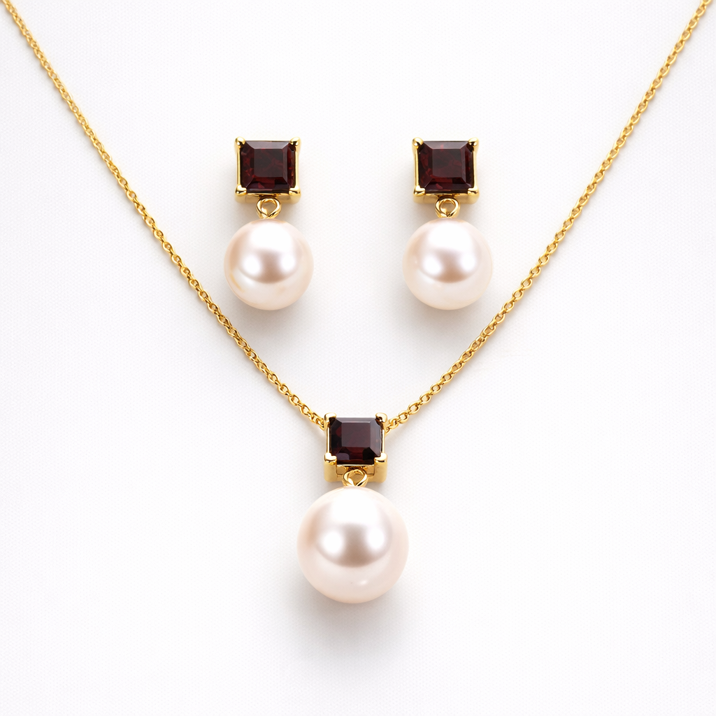 Freshwater Pearl with Garnet Sets 9 - 9.5 MM in Silver 925 24 CT Gold Plated