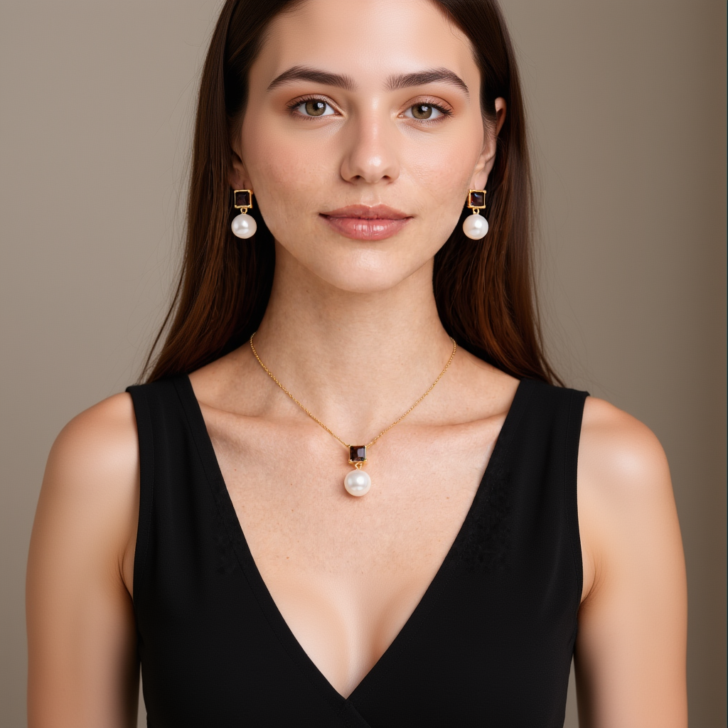 Close-up of a woman wearing a gold necklace with a pendant and pearl earrings.