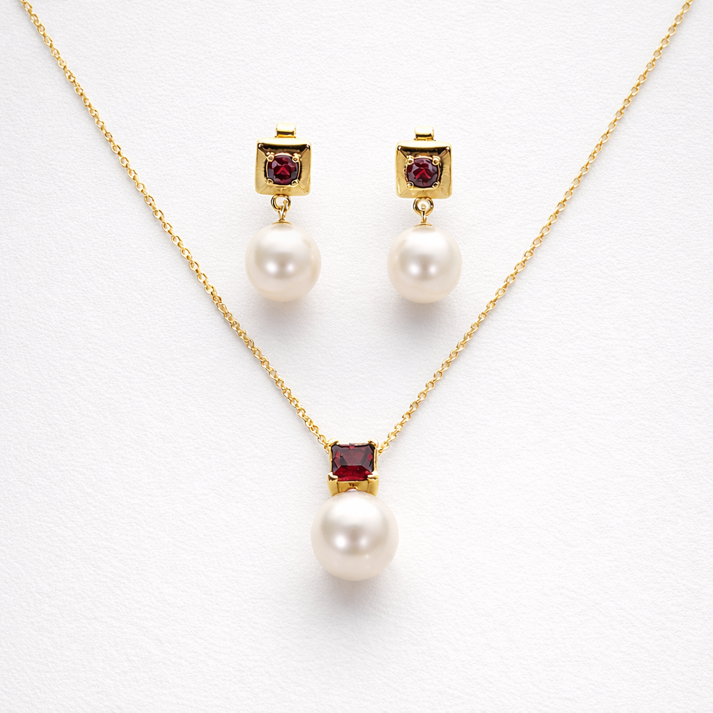 Freshwater Pearl with Garnet Sets 9 - 9.5 MM in Silver 925 24 CT Gold Plated