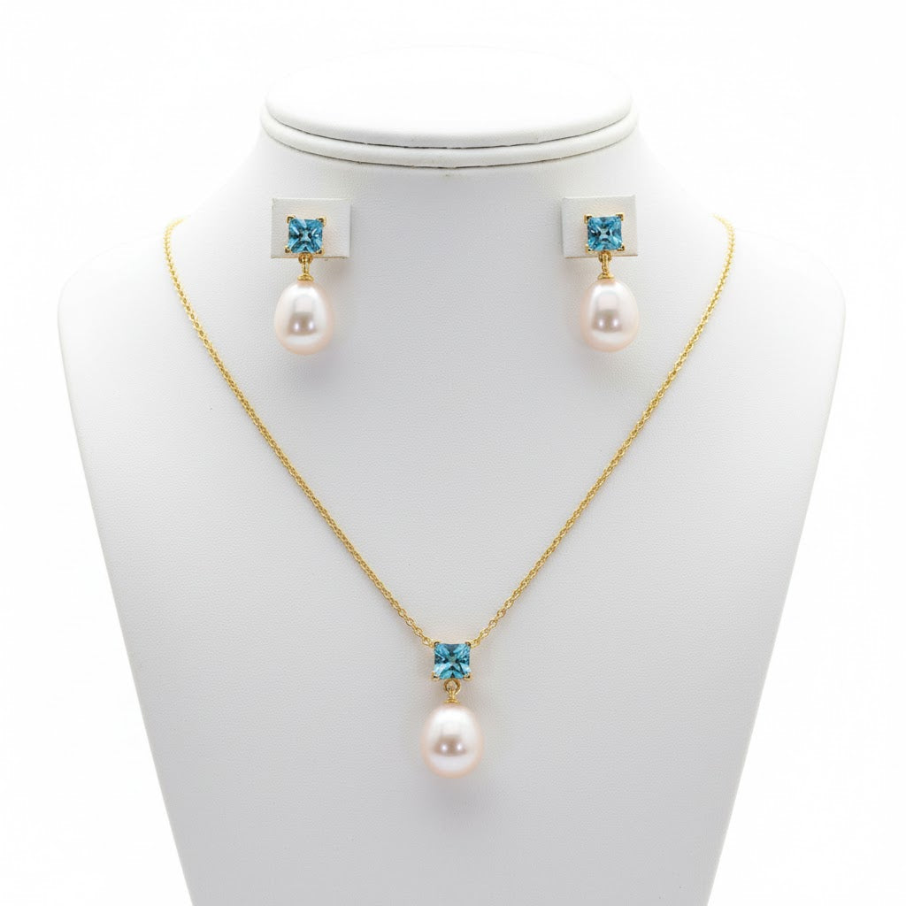 Freshwater Pearl with Topaz Sets 9 - 9.5 MM in Silver 925 24 CT Gold Plated