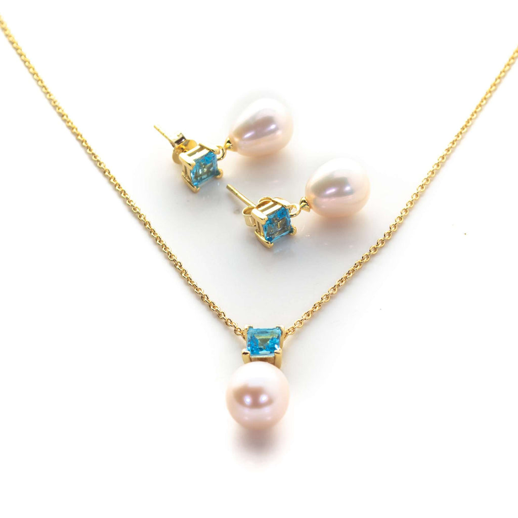 Freshwater Pearl with Topaz Sets 9 - 9.5 MM in Silver 925 24 CT Gold Plated