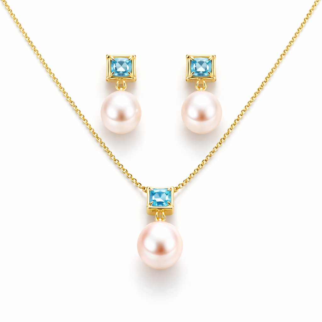 Freshwater Pearl with Topaz Sets 9 - 9.5 MM in Silver 925 24 CT Gold Plated