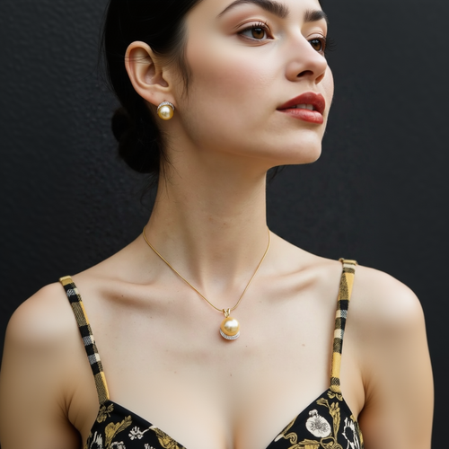 Close-up of a woman wearing a gold necklace with a pendant against a black background