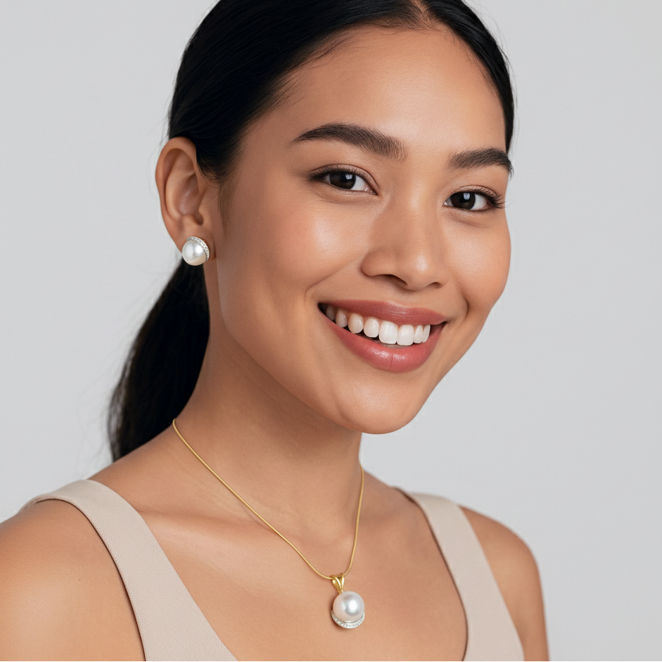Woman wearing pearl earrings and necklace on a plain background