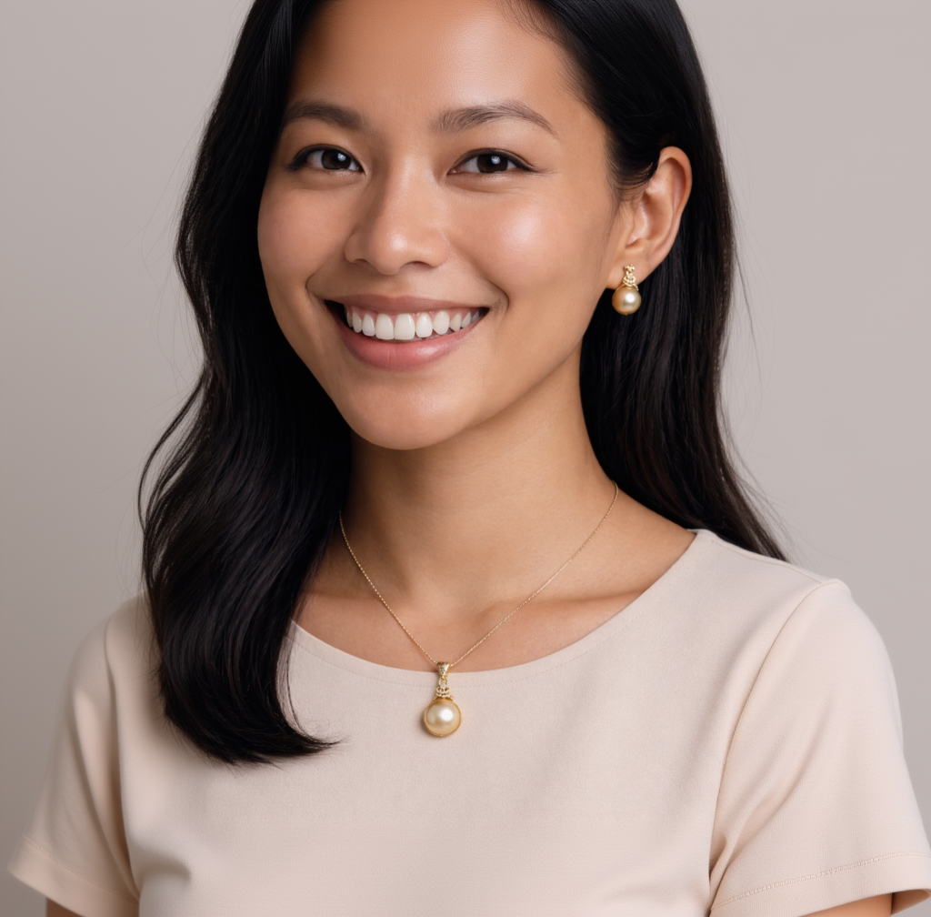 Woman wearing a gold necklace and earrings with a beige background