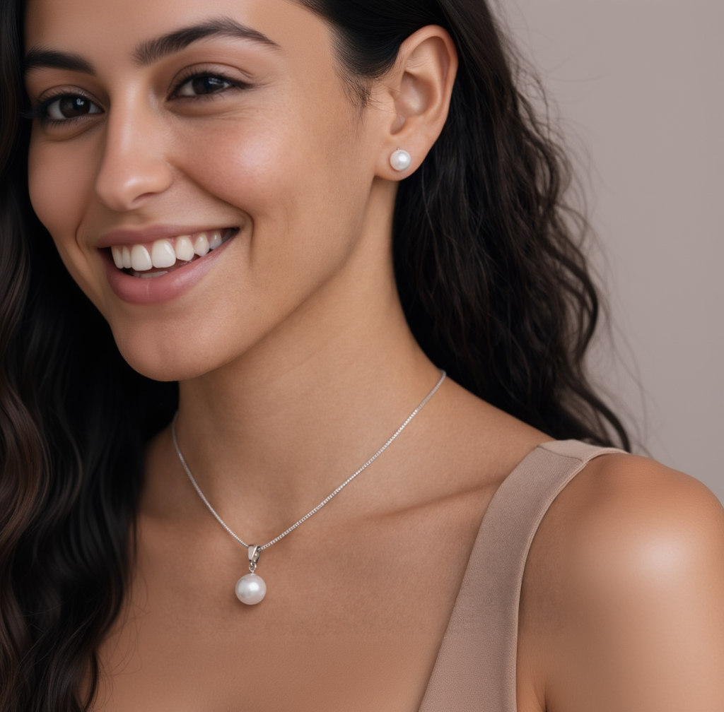 Woman wearing a pearl necklace and earrings with a neutral background
