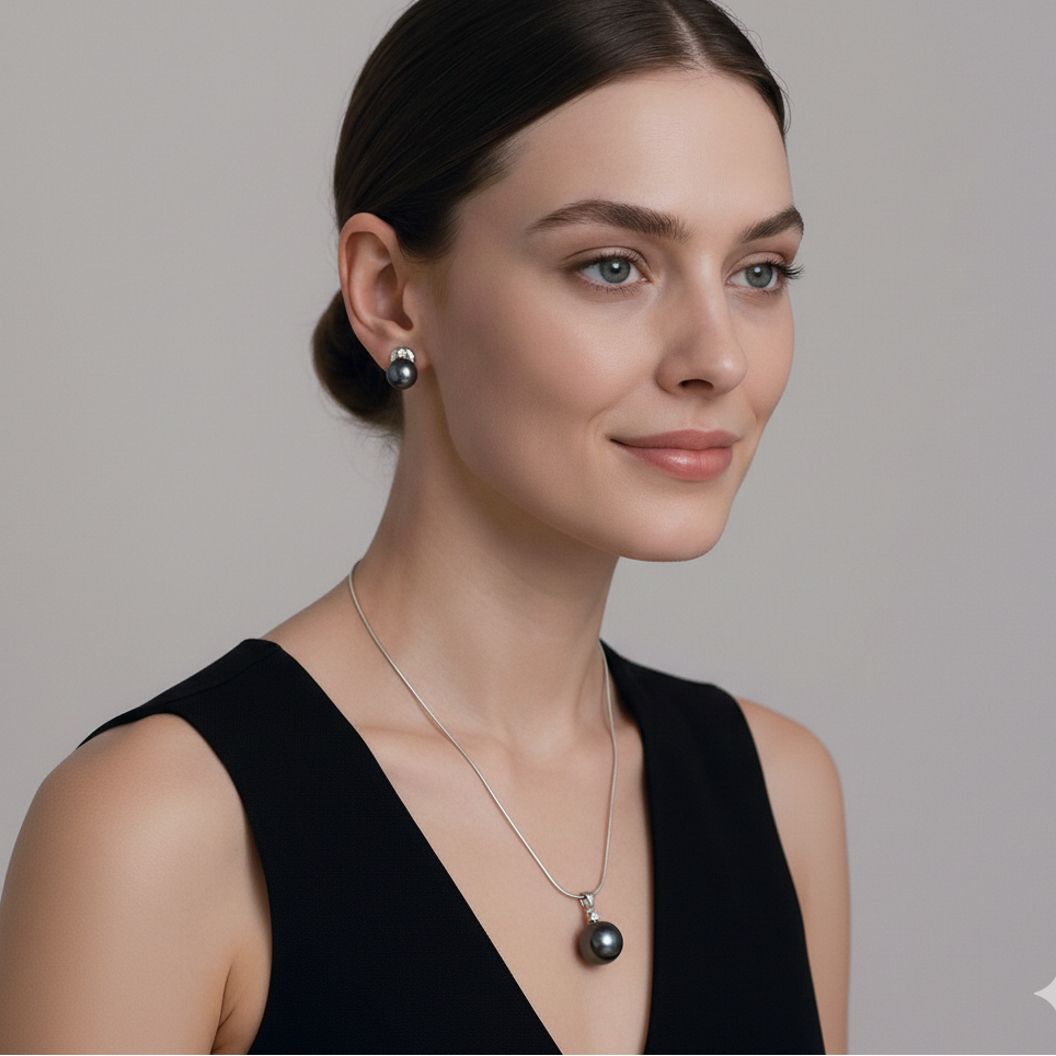 Woman wearing a necklace and earrings against a neutral background